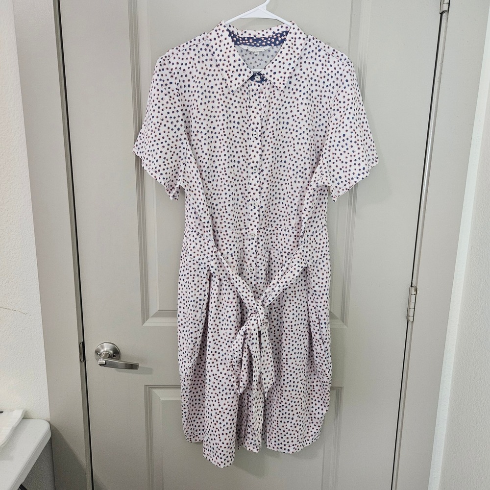 Foxcroft NYC Wrinkle Free Cotton Shirt Dress Blue Coral Dot 18W Belted Midi NEW